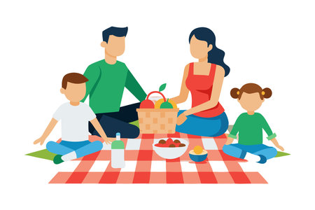 Happy family having a picnic outdoors with children, food, and a picnic basket on a sunny day. Illustration of family time.のイラスト素材