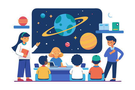 Children in a classroom learning about the solar system with a teacher's guidance.のイラスト素材