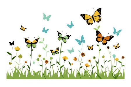 Vibrant illustration featuring colorful butterflies flying above blooming wildflowers in a green grassy field against a white background.のイラスト素材