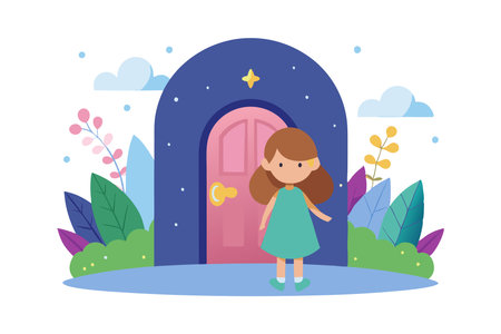 Illustration of a cute young girl standing in front of a colorful door with a garden background, showing a whimsical and cheerful scene.のイラスト素材
