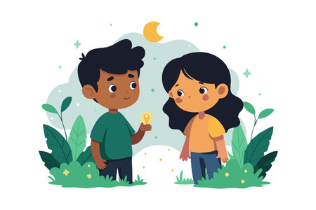 Adorable cartoon illustration of two children enjoying a light bulb moment in a vibrant and whimsical garden setting.のイラスト素材