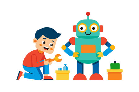 Colorful illustration of a smiling child assembling a robot with tools and toy blocks, emphasizing creativity, technology, and educational play.のイラスト素材