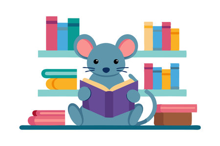 Adorable cartoon mouse reading a book in a vibrant library setting, surrounded by colorful bookshelves and books.のイラスト素材