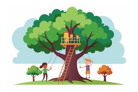 Illustration of children playing in a treehouse with swings and a ladder, depicting outdoor fun and adventure.のイラスト素材