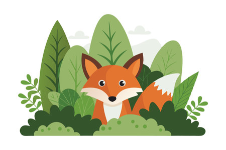 Adorable cartoon fox surrounded by lush green leaves, bushes, and trees in a forest setting. Perfect for children's illustrations and nature-themed designs.のイラスト素材