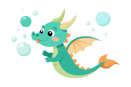 Adorable green cartoon baby dragon happily playing with bubbles. Fantasy creature illustration perfect for children's stories and playful designs.のイラスト素材