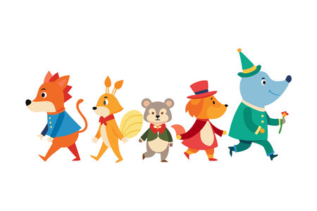 Whimsical illustration of colorful animated animals walking in a line, perfect for children's storybooks and educational materials.のイラスト素材