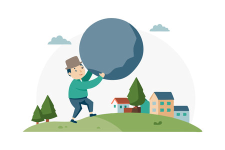 Colorful illustration of a man with a determined expression carrying a large rock uphill in a small suburban neighborhood.のイラスト素材