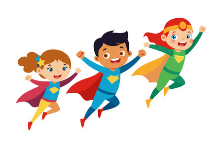 Three happy children dressed as superheroes flying in the air, showcasing teamwork, imagination, and fun.のイラスト素材