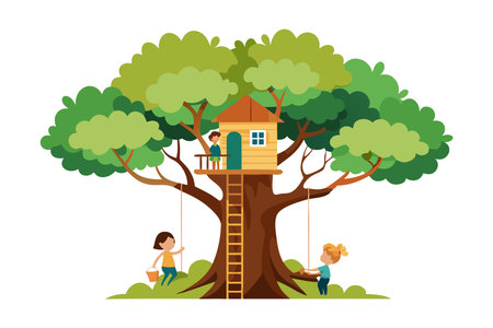 Colorful vector illustration of happy children playing around a large treehouse. Kids are swinging and climbing, enjoying outdoor activities.のイラスト素材