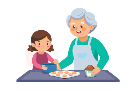 Happy grandmother and granddaughter baking cookies together in the kitchen. A joyful family bonding activity.のイラスト素材