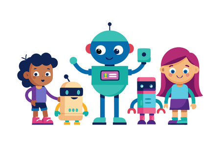 Illustration featuring two kids and three friendly robots with bright, colorful design. Perfect for technology, education, and children's content.のイラスト素材