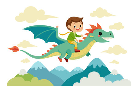 Happy young boy rides a friendly green dragon in a colorful cartoon scene with mountains and clouds.のイラスト素材
