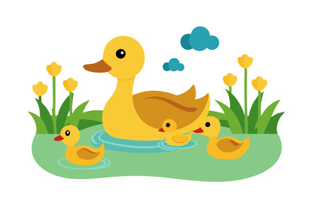 Illustration of a mother duck with her ducklings swimming in a pond, surrounded by flowers under a thunderstorm sky.のイラスト素材