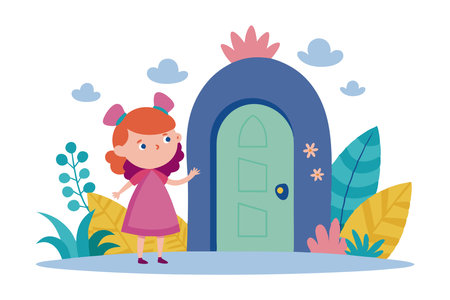 Cute cartoon girl standing outside a whimsical house with colorful plants and flowers. Perfect for children's stories and illustrations.のイラスト素材