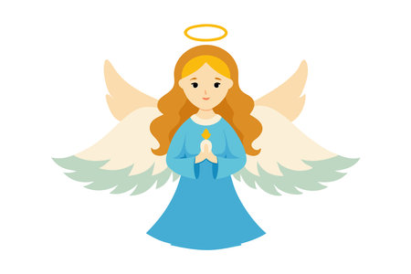 Serene illustration of an angel with halo and wings in blue dress holding a candle, symbolizing peace and tranquility.のイラスト素材