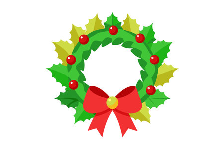 Bright and colorful Christmas holly wreath with a red bow and red berries, perfect for holiday decorations and festive designs.のイラスト素材