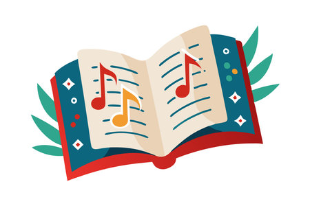 Illustration of a colorful open book with musical notes, symbolizing melody, music education, creativity, and artistic expression.のイラスト素材