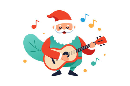 A cheerful illustration of Santa Claus playing guitar, surrounded by colorful musical notes, evoking festive holiday spirit and joy.のイラスト素材