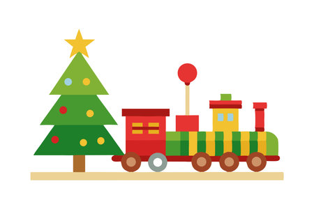 Bright and colorful illustration of a festive Christmas tree and toy train. Perfect for holiday decorations or greeting cards.のイラスト素材