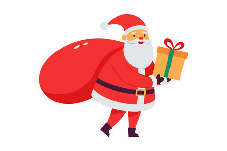 Illustration of cheerful Santa Claus carrying a large sack of gifts and holding a wrapped present. Perfect for Christmas celebrations and holiday-themed designs.のイラスト素材