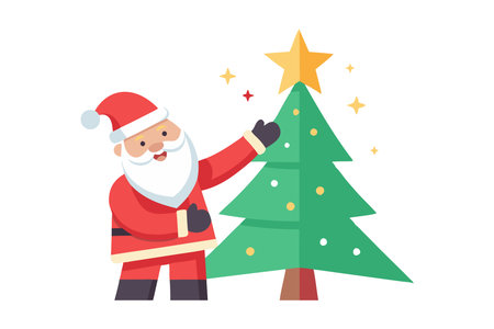 Santa Claus adding a star to the top of a Christmas tree, cheerful and festive holiday illustrationのイラスト素材
