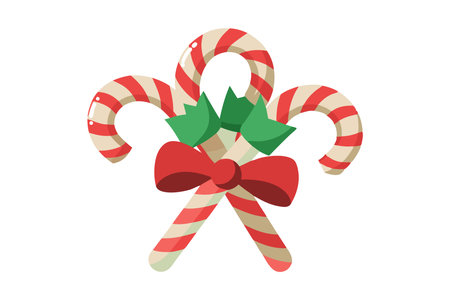 Illustration of Christmas candy canes in red and white stripes, decorated with a red bow and green leaves.のイラスト素材