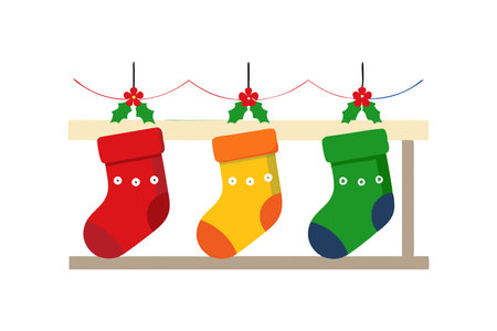 Colorful Christmas stockings in red, yellow, and green hanging on a mantel adorned with holly and berries for the festive season.のイラスト素材