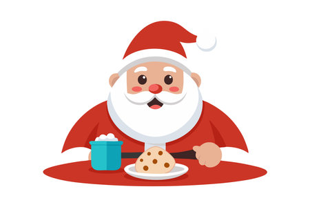 Cute illustration of Santa Claus enjoying milk and cookies during Christmas. Perfect for festive holiday designs and decorations.のイラスト素材