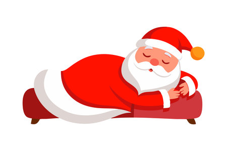 Santa Claus sleeping on a couch, illustrating relaxation and holiday spirit during Christmas. Perfect for festive and holiday-themed contentのイラスト素材