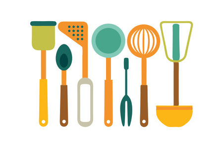 A collection of colorful kitchen utensils in a flat cartoon style, featuring various tools essential for cooking, on a white background.のイラスト素材