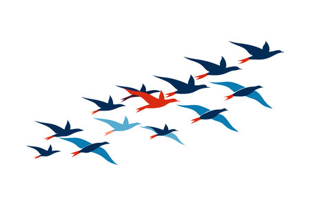 Vector illustration of colorful birds flying together in a coordinated formation. Blue and red hues symbolize unity and freedom.のイラスト素材