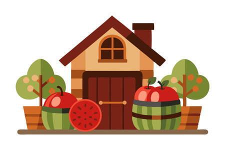 Cartoon illustration of a cozy house surrounded by trees and large apples. The autumn-themed image evokes warmth and nature.のイラスト素材