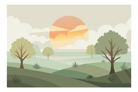 Abstract vector illustration of a scenic sunrise landscape with trees, hills, and a soft pastel color palette.のイラスト素材