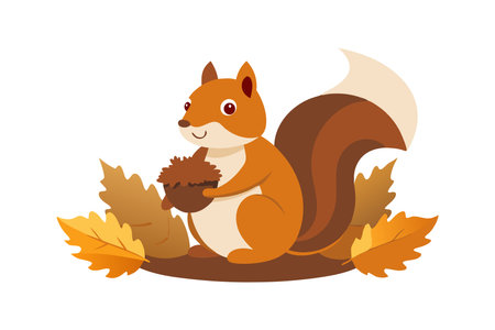 Adorable squirrel holding an acorn amidst colorful fall leaves. Perfect illustration for nature, autumn, and wildlife themes.のイラスト素材