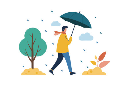 Illustration of a person with an umbrella walking in the rain through a park. Elements include trees, leaves, and clouds on a cloudy day.のイラスト素材