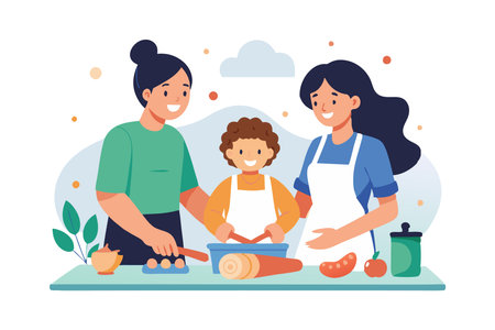 Happy family cooking together in the kitchen, enjoying quality time. Mother, child, and grandmother preparing food while smiling and bonding.のイラスト素材