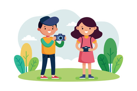 Kids exploring nature with a magnifying glass and camera