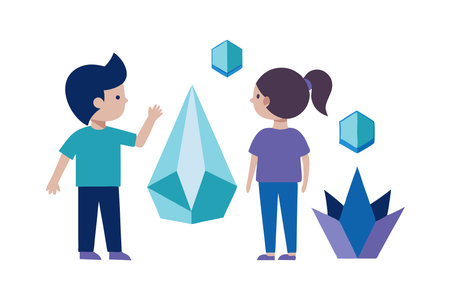 Kids examining crystals and mineralsのイラスト素材