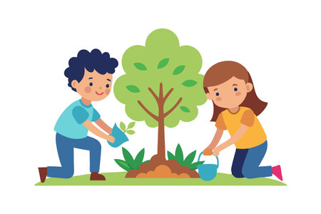 Kids planting a tree in a parkのイラスト素材