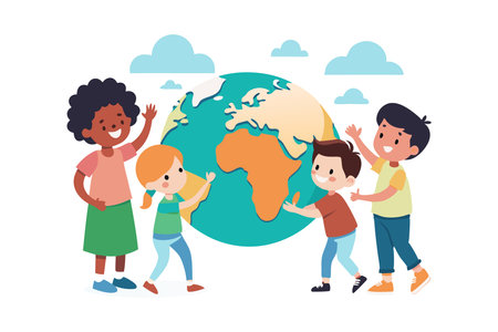 Teacher and children holding hands around a globeのイラスト素材