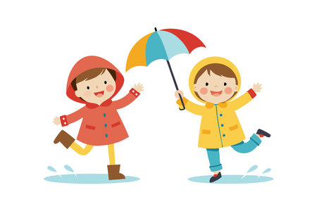 Kids playing with umbrellas in the rainのイラスト素材