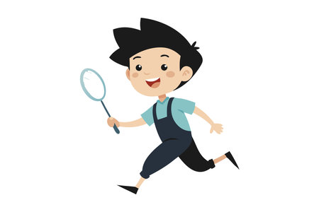 Boy with magnifying glass exploring and investigatingのイラスト素材