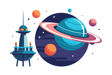 Illustration of a futuristic space station with planets, showing vibrant and colorful space elements. Ideal for science fiction and space-themed projects.のイラスト素材