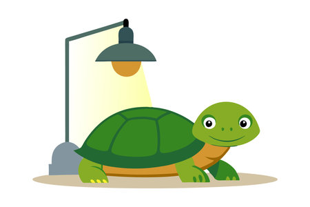 Adorable cartoon turtle smiling under a lamp in a minimalistic and colorful illustration. Ideal for children's content and educational materials.のイラスト素材