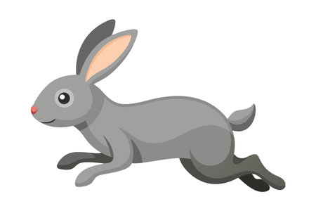 Cartoon illustration of a cute gray rabbit hopping, depicting joy and playfulness. Perfect for children's themes and Easter designs.のイラスト素材