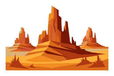 Vector illustration of a desert with towering rock formations and sandy dunes, showing a natural and arid environment.のイラスト素材