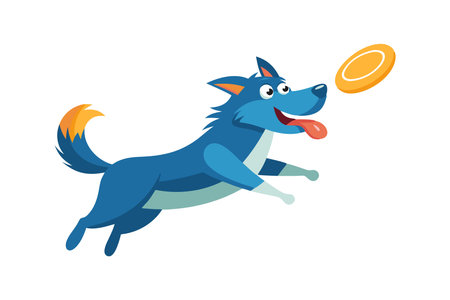 Illustration of a happy cartoon dog catching a frisbee in mid-air against a white backgroundのイラスト素材