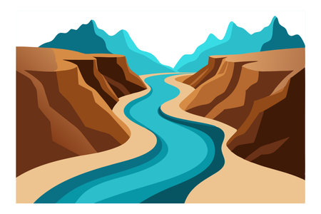 Colorful illustration of a winding river through a canyon, surrounded by tall mountains and clear skies in a vibrant landscape.のイラスト素材