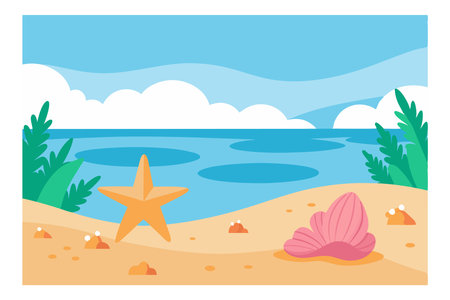 Colorful illustration of a peaceful beach scene featuring a starfish and seashell with blue ocean and sky backgroundのイラスト素材